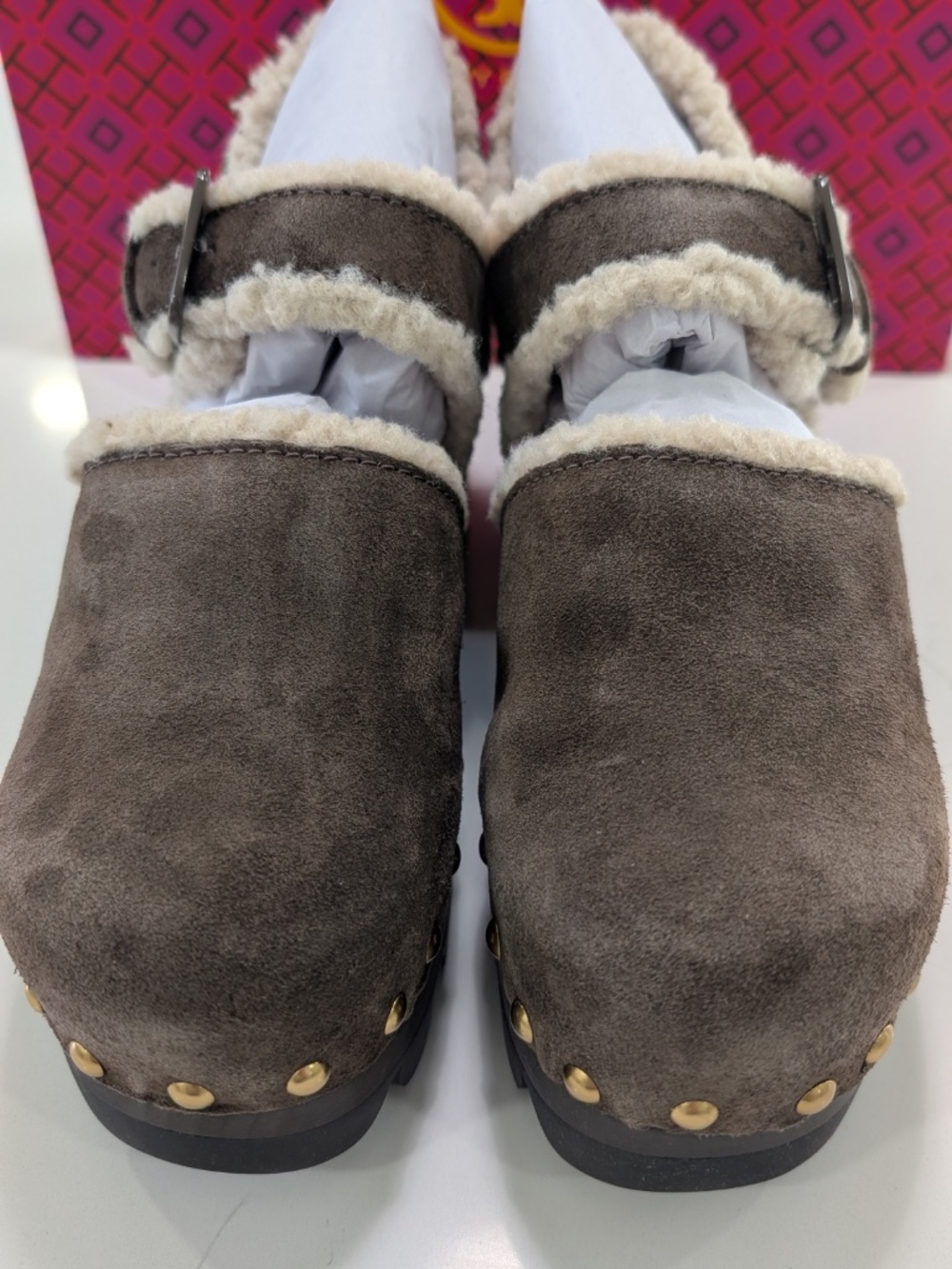 Tory Burch Shearling Lug Sole Clogs Suede Deep Espresso Brown Size 9 NIB 70mm - Picture 7 of 17